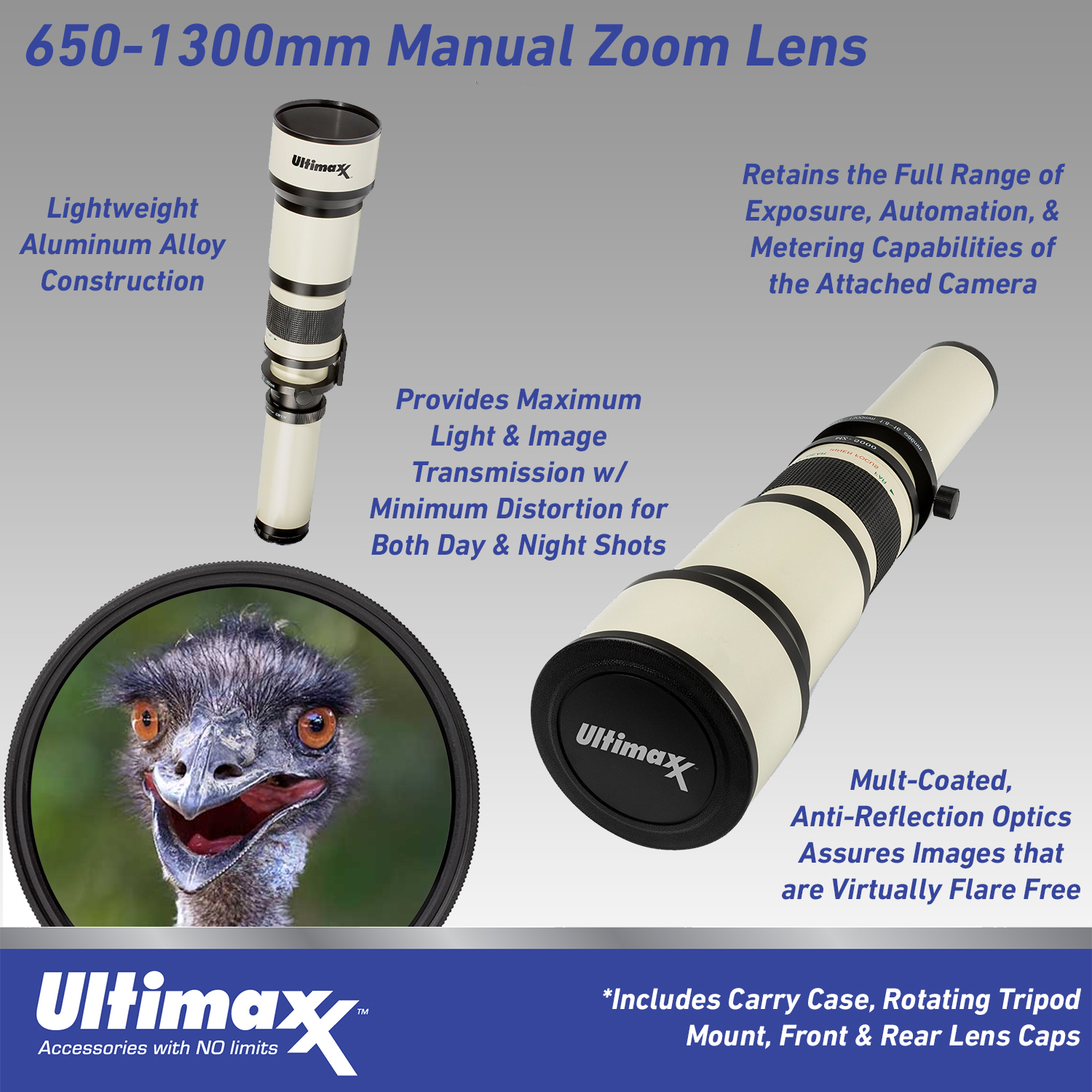 650-1300mm f/8 Manual Multi-Coated Telephoto Zoom T-Mount Lens