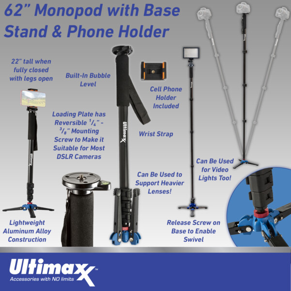 62" monopod with phone holder infographic
