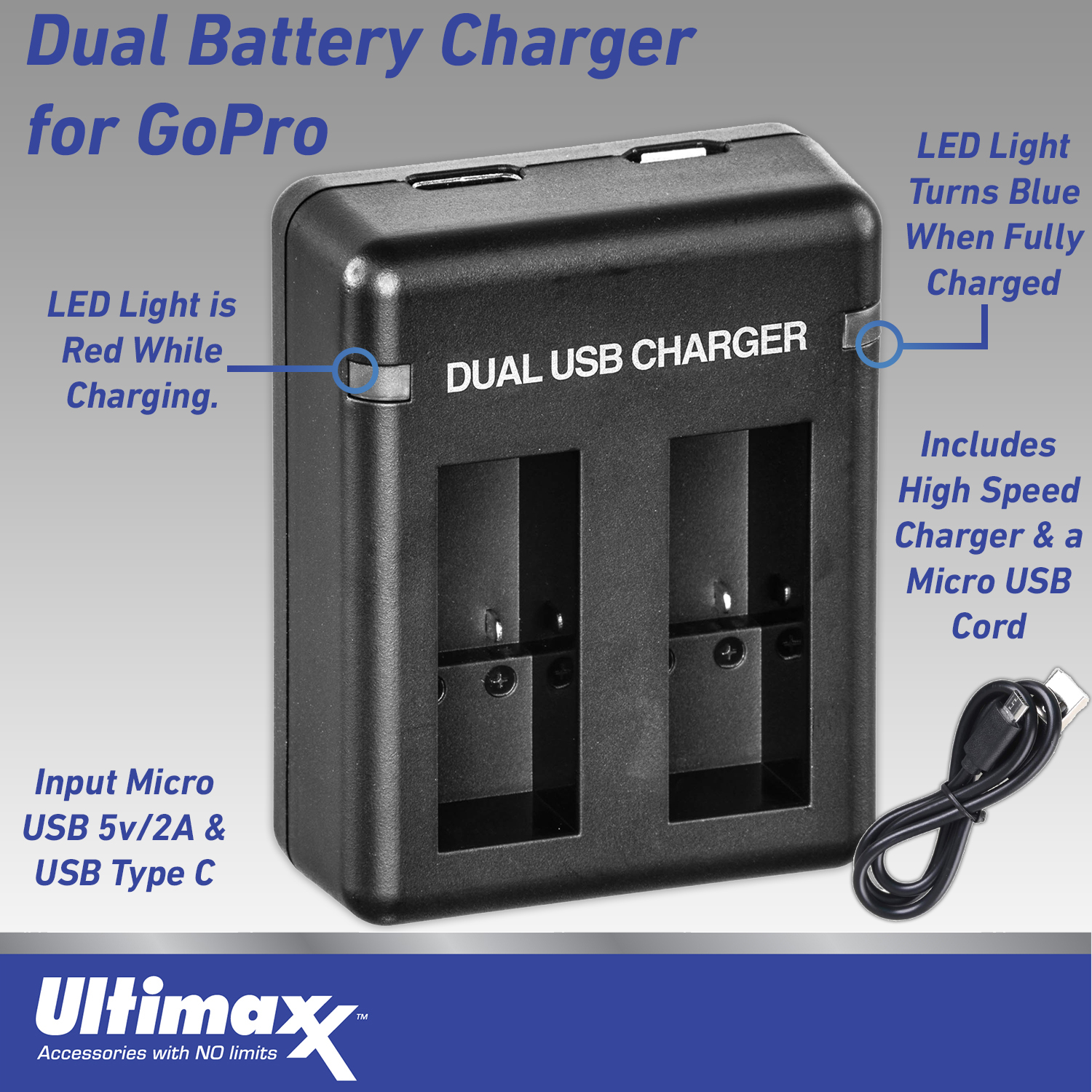 Dual Battery Charger for GoPro HERO9 / HERO11 Batteries - Ultimaxx