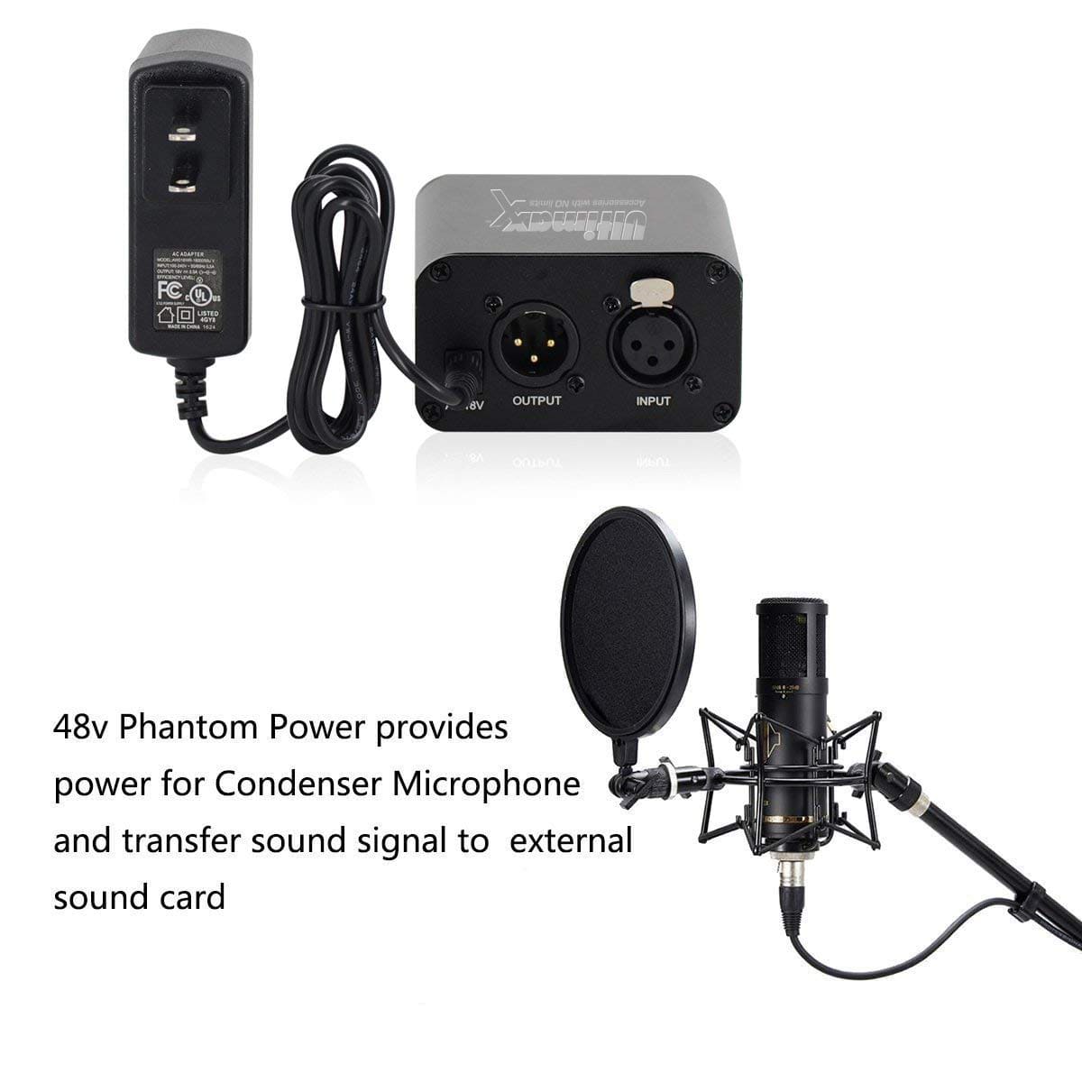1- Channel 48V Phantom Power Supply with 6 Feet XLR Cable and Adapter