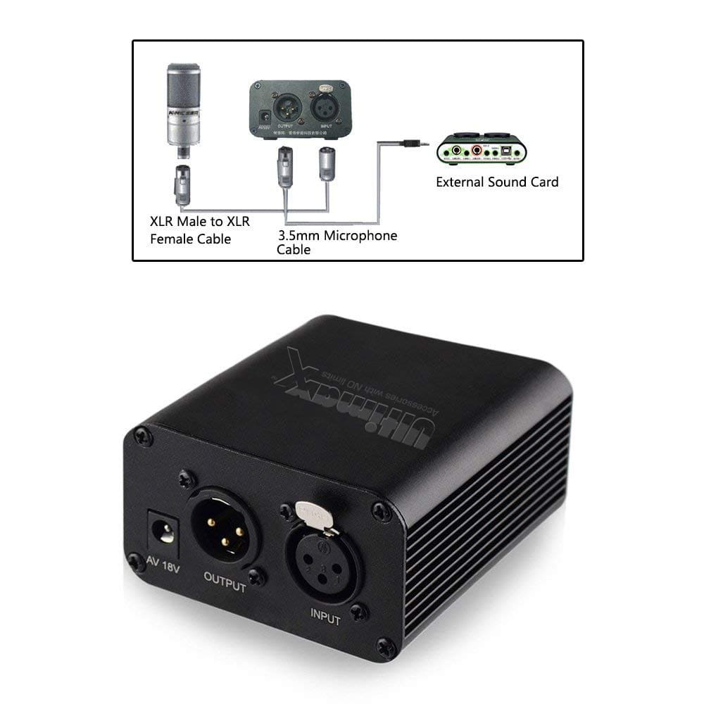 1- Channel 48V Phantom Power Supply with 6 Feet XLR Cable and Adapter